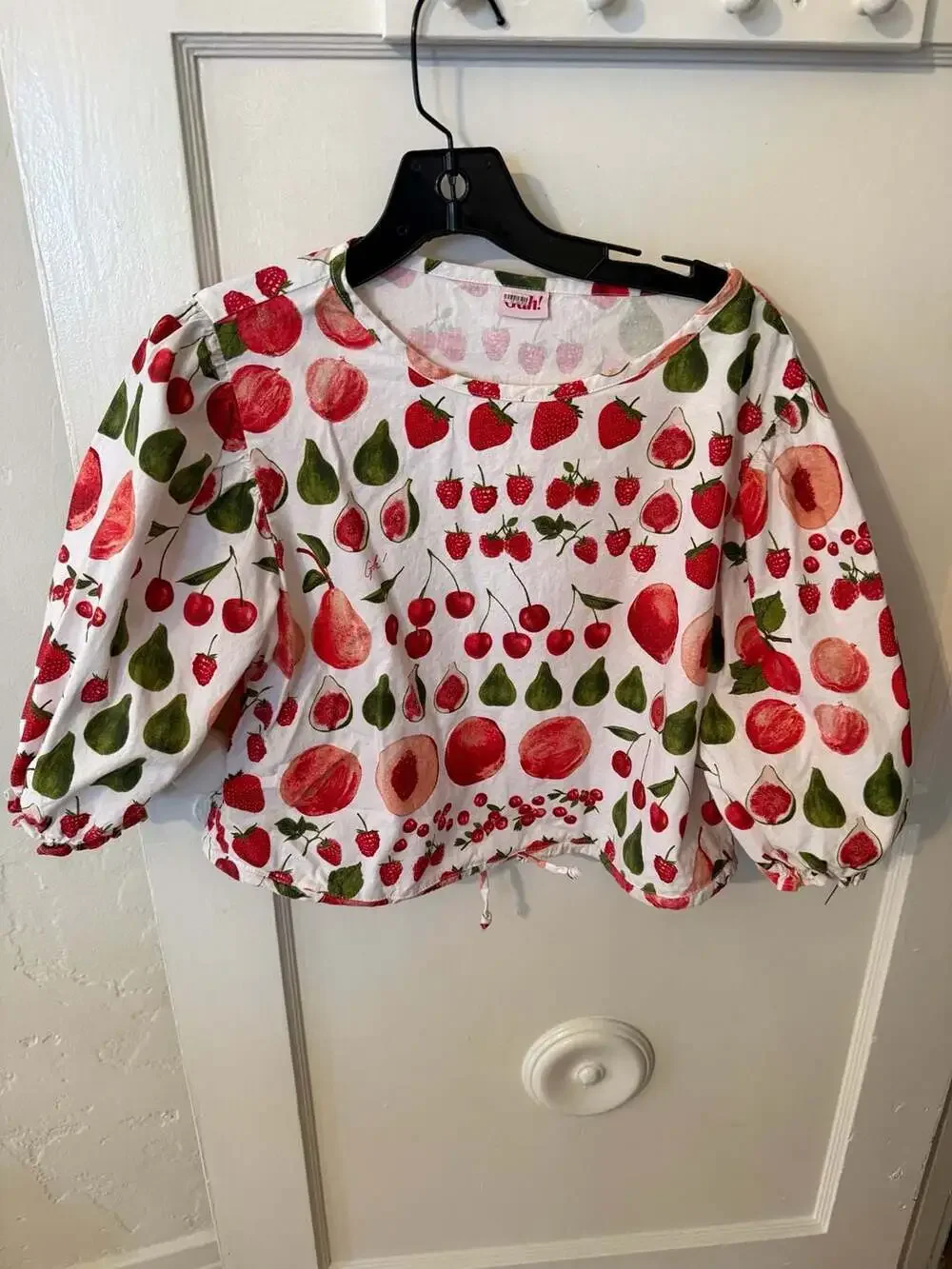 Lisa Says Gah Fruit Print Puff Sleeve Tie-Front Top Size L - Picture 1 of 4